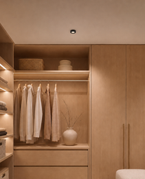 black slim-profile ceiling-mounted luminaire integrated into contemporary oak-toned wardrobe space