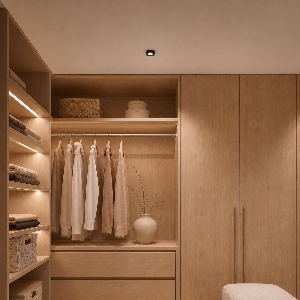 black slim-profile ceiling-mounted luminaire integrated into contemporary oak-toned wardrobe space