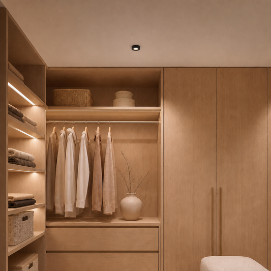 black slim-profile ceiling-mounted luminaire integrated into contemporary oak-toned wardrobe space