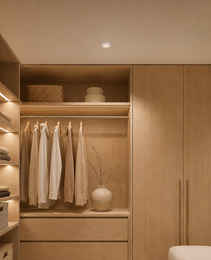black circular surface-mount recessed luminaire illuminating minimalist wooden walk-in closet with warm white light