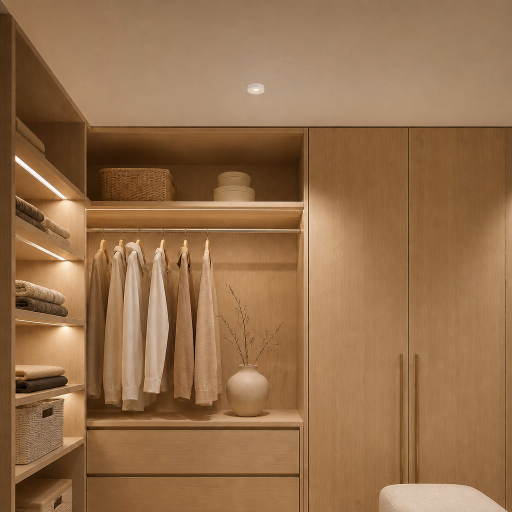 black circular surface-mount recessed luminaire illuminating minimalist wooden walk-in closet with warm white light