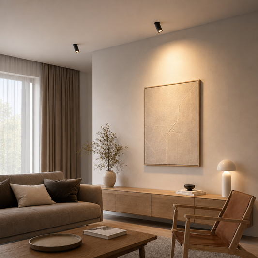 Two black ROBO PRIME 1590 adjustable LED spotlights illuminating abstract art in modern living room