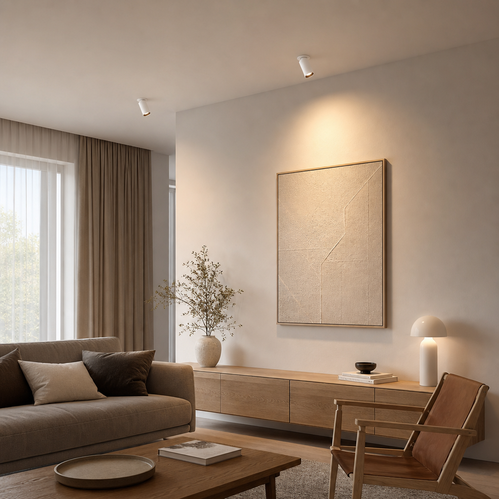 White ROBO PRIME 1590 recessed LED lights blending seamlessly into contemporary white ceiling decor