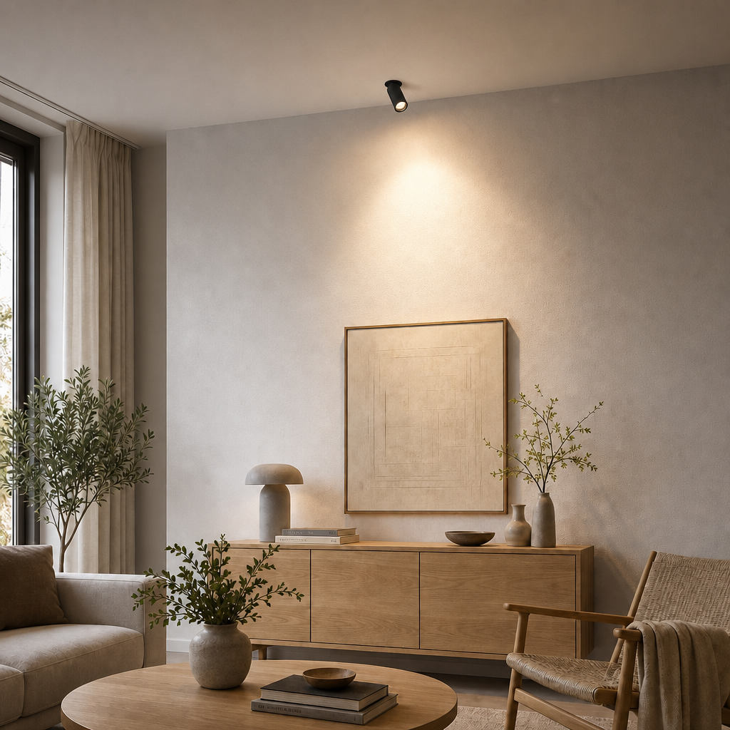 Black adjustable dimmable recessed spotlight in modern living room highlighting wall texture