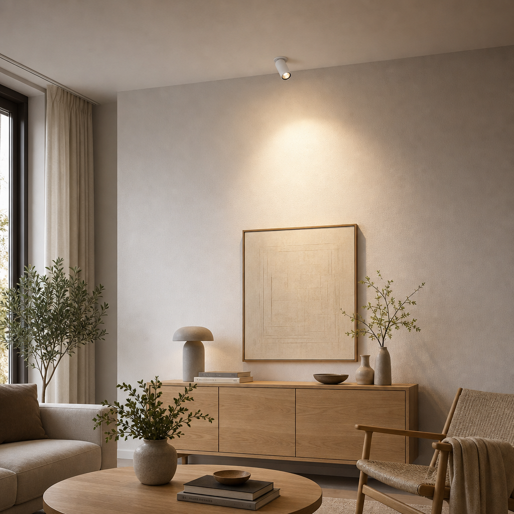 White dimmable recessed adjustable spotlight creating ambient light in contemporary interior