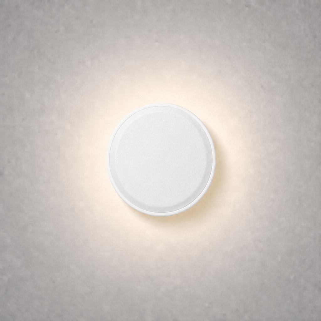Matte white circular low voltage step light with micro-textured surface and soft halo
