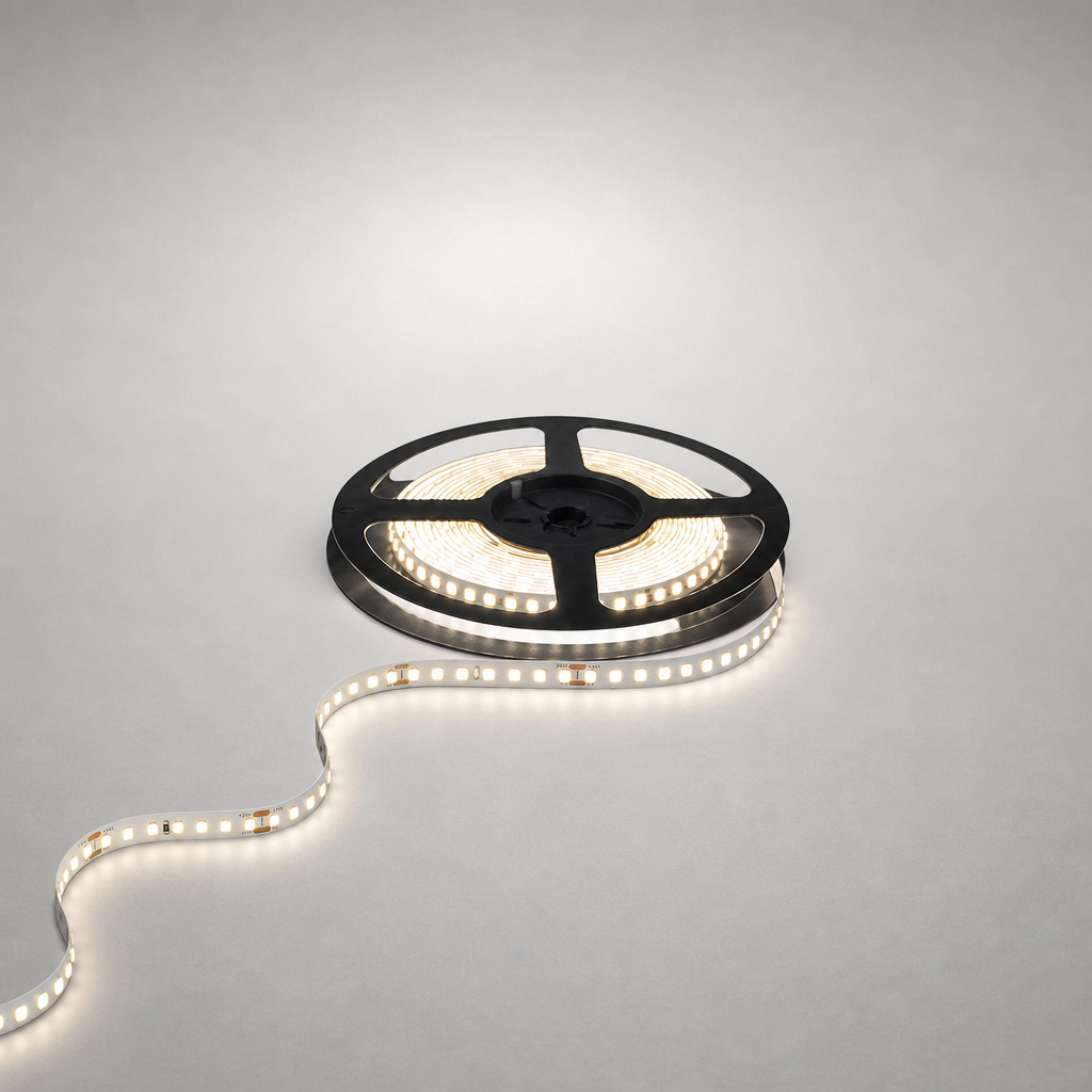 Coiled warm white 14.4W IP20 LED strip light on black spool with visible SMD LEDs and copper pads