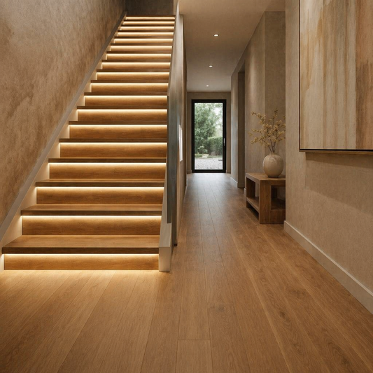 Warm white LED strip lighting integrated under wooden stair treads for seamless architectural accent