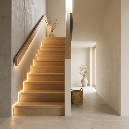 Concealed LED stair lighting under oak treads creating floating effect in modern minimalist interior