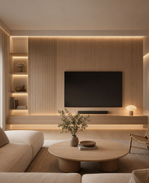 Warm-white integrated LED strip lighting installed along wood-paneled accent wall and under floating media console for seamless architectural glow