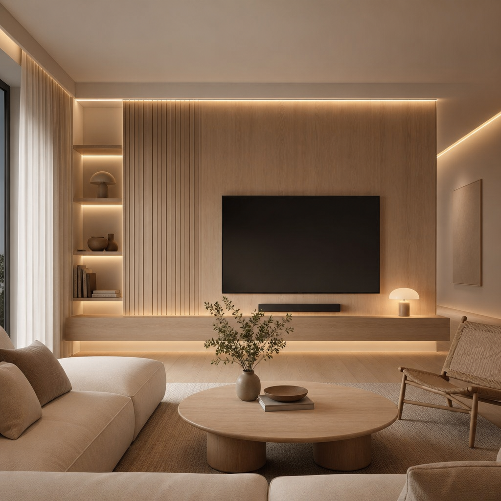 Warm-white integrated LED strip lighting installed along wood-paneled accent wall and under floating media console for seamless architectural glow