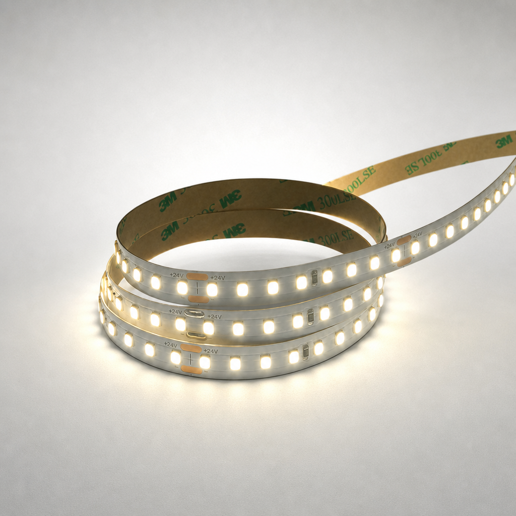 Coiled white 24V CCT adjustable LED strip with visible +24V markings, orange solder pads, and brown 3M 300LSE adhesive backing
