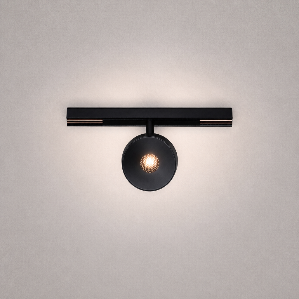 Close-up black TOUR PRIME 0178 rail light with honeycomb diffuser and copper strips