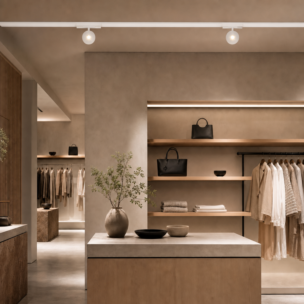 White DC48V rail lighting system with two circular spotlights in modern retail interior