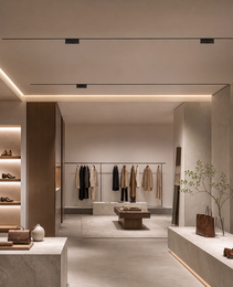 Black architectural rail lights installed in retail store illuminating clothing displays