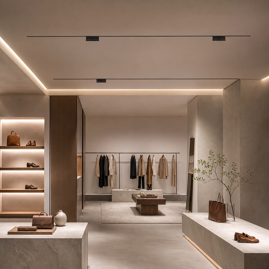 Black architectural rail lights installed in retail store illuminating clothing displays