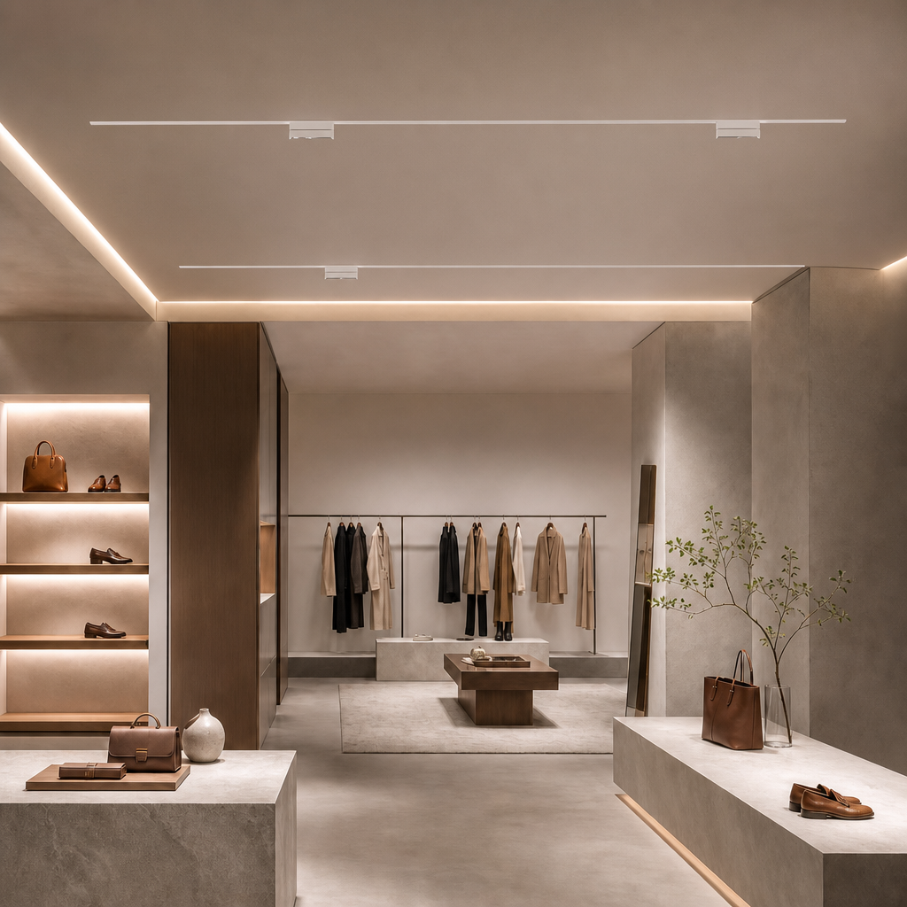 White linear rail lighting system mounted on ceiling for minimalist retail interior