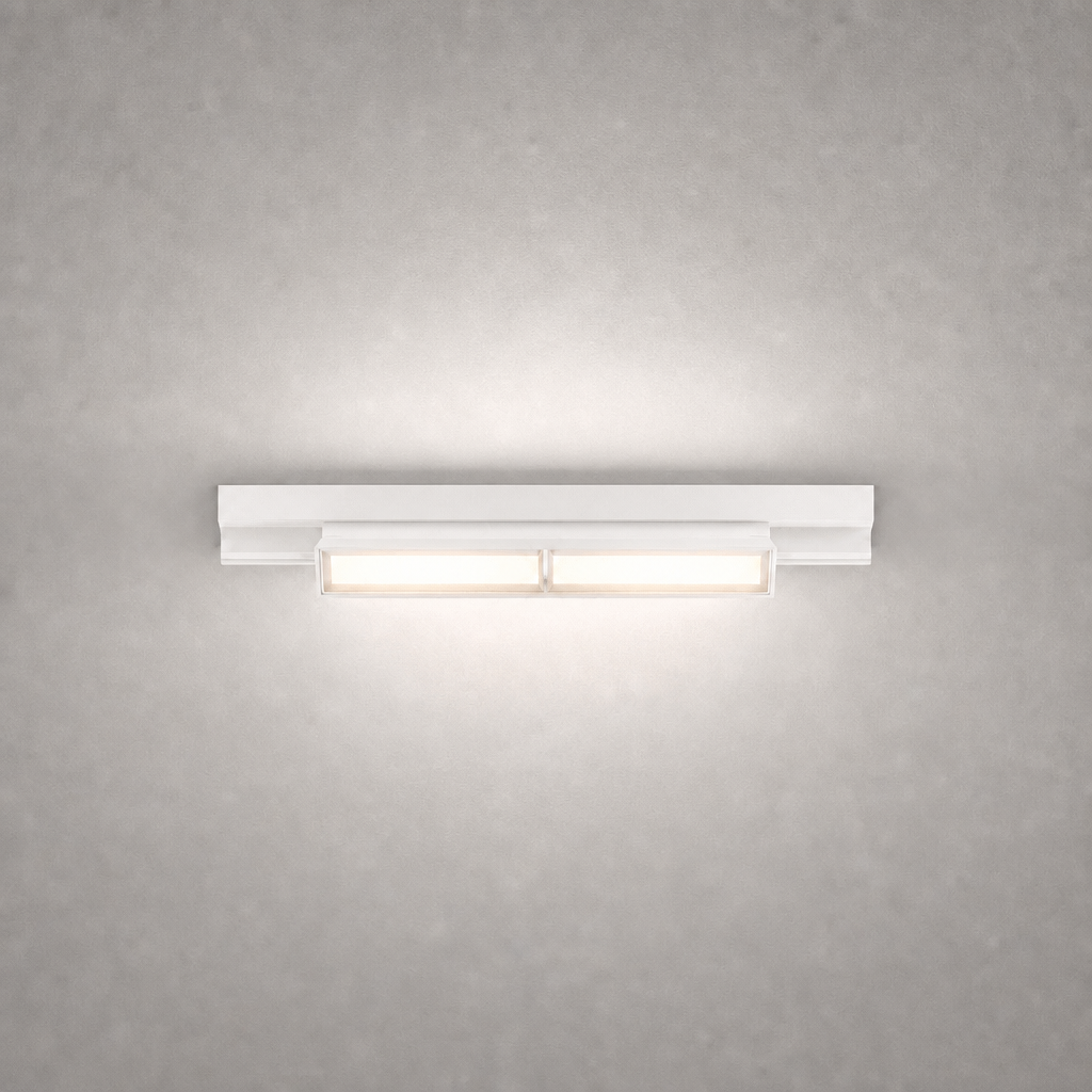 White modern rail light fixture with stepped profile and diffused opal glass covers