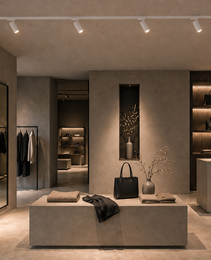 White matte rail track lighting system illuminating minimalist boutique display table