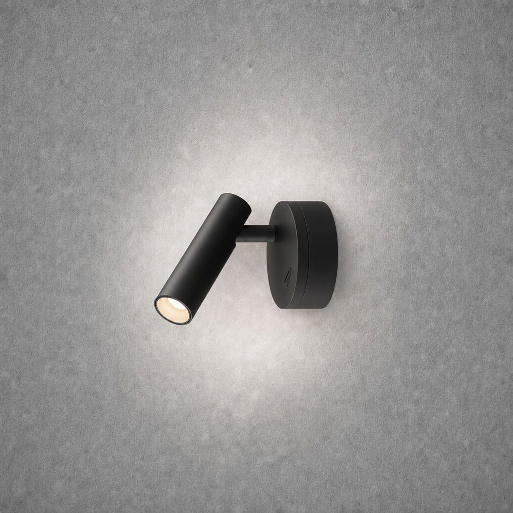 Close-up black oval wall mounted spotlight with directional arm