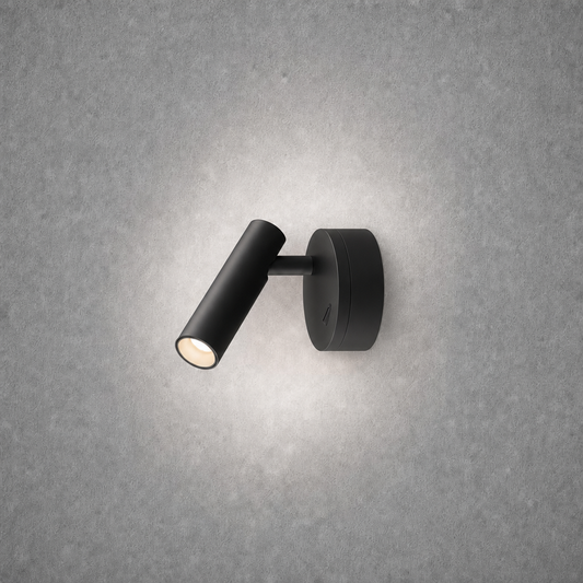 Close-up black oval wall mounted spotlight with directional arm