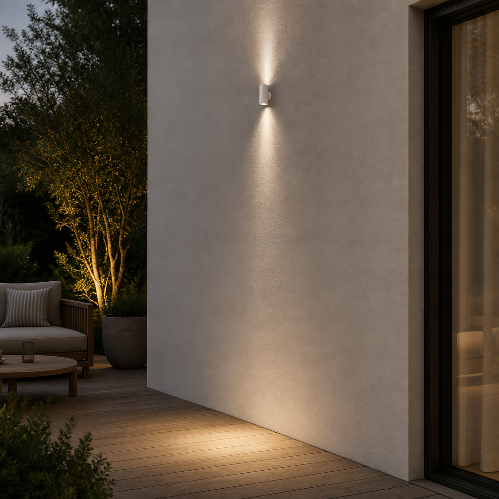 White cylindrical outdoor wall sconce IP65 installed on off-white stucco wall casting soft vertical glow for residential patio