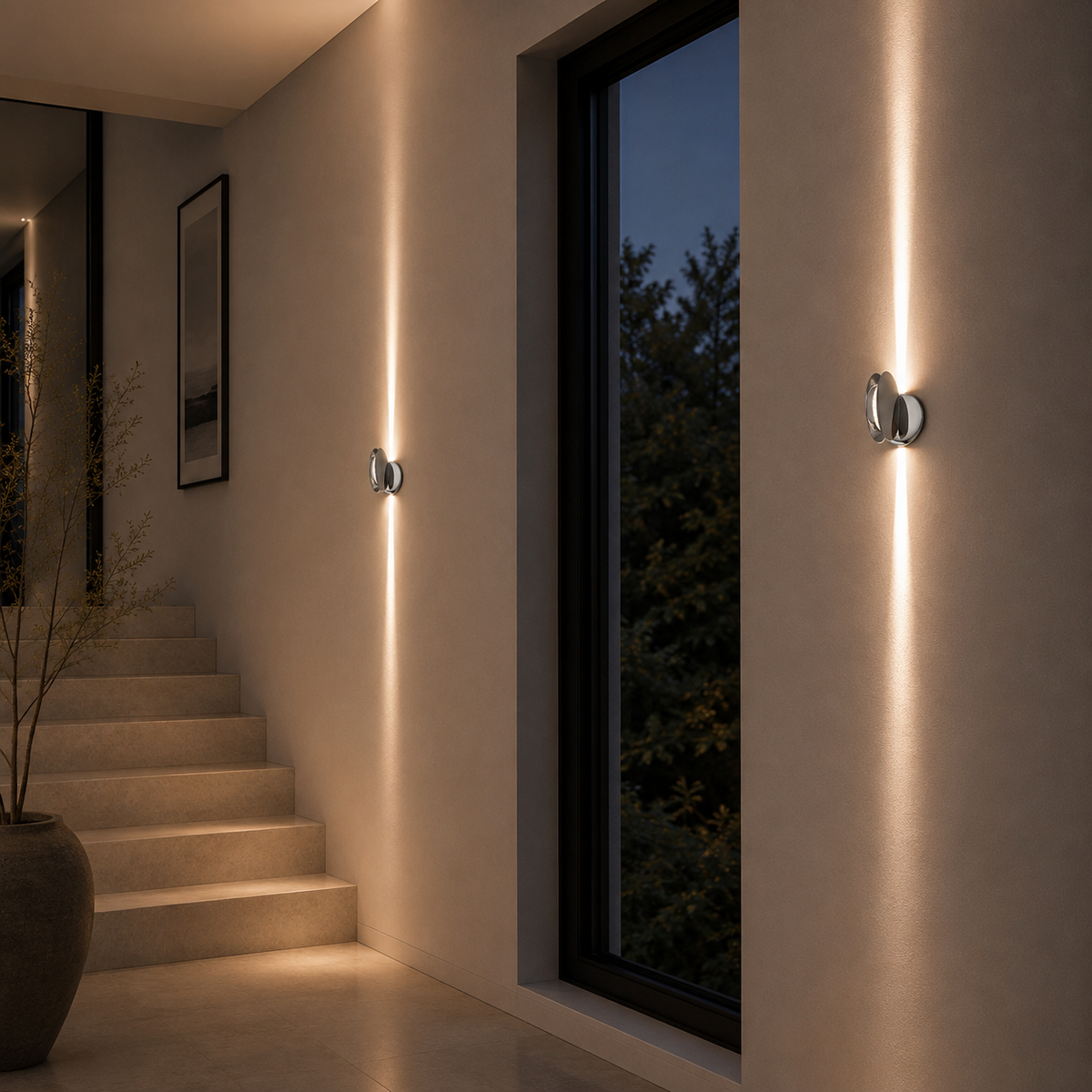 Brushed nickel oval wall sconce with warm white LED beams in residential hallway