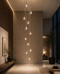 Grand Lustre AQUA LUSTRE cascading glass droplet chandelier with brass caps for stairwell