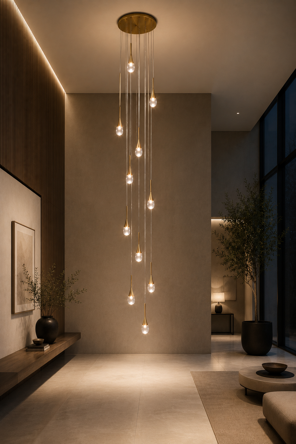 Grand Lustre AQUA LUSTRE cascading glass droplet chandelier with brass caps for stairwell