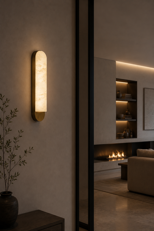 Arcis natural alabaster wall sconce with beige cream veining and matte gold bracket in modern living room