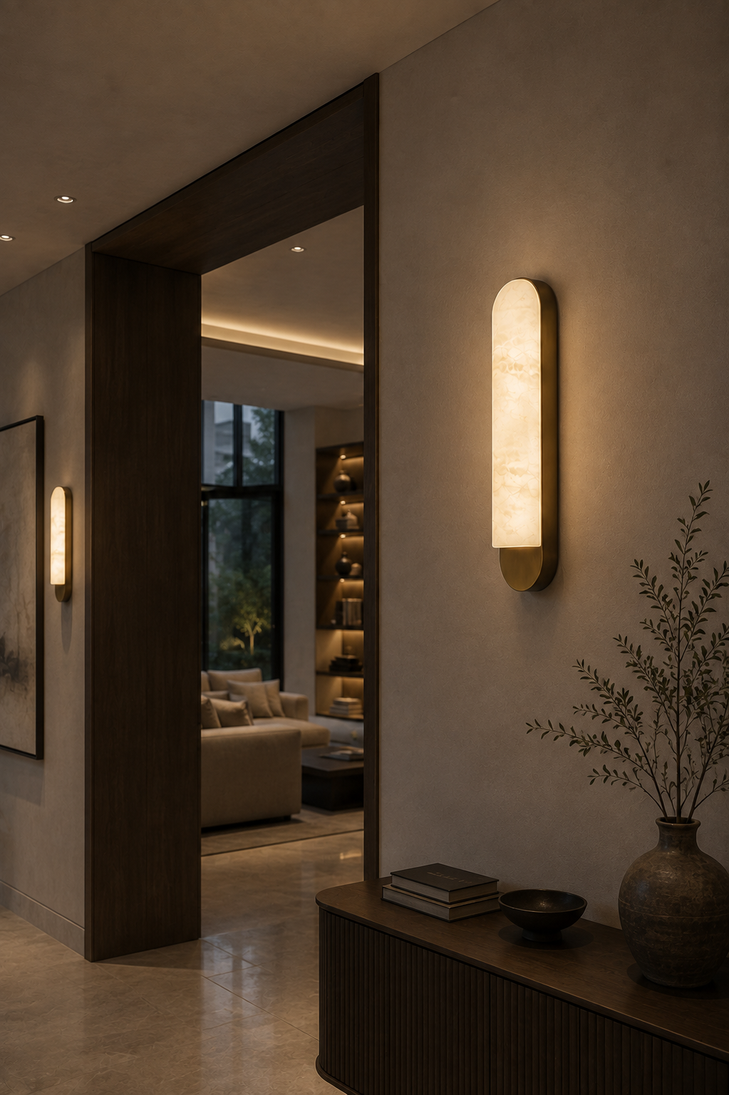 Vertical oval alabaster light fixture with warm glow mounted on hallway wall beside dark wood console