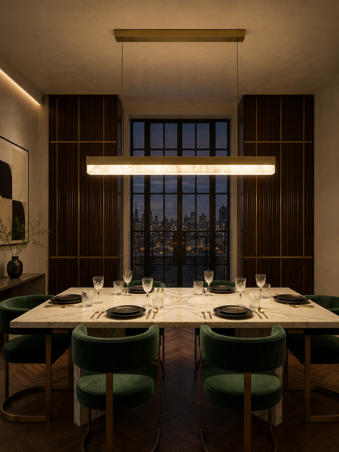 Ostova alabaster linear chandelier over marble dining table for six with green velvet chairs