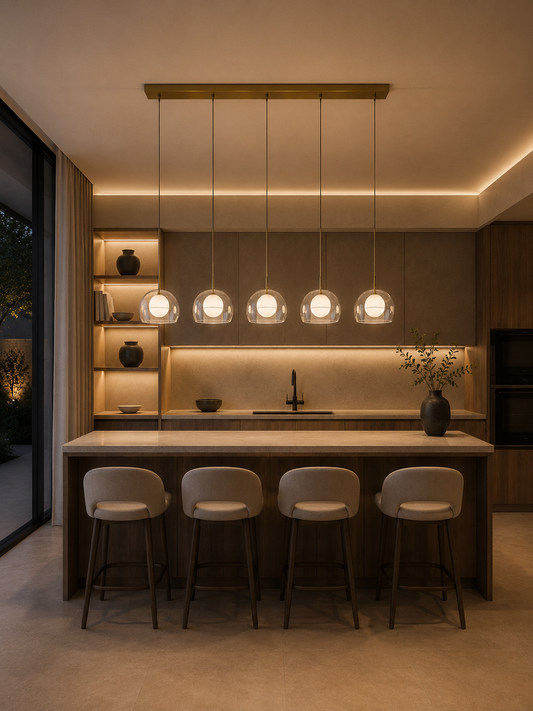 Linear row of five Crysta alabaster pendant fixtures with brass canopy above light stone kitchen island