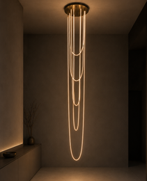 Grand Lustre ÉCLIPSE custom spiral pendant light with cascading golden LED loops and polished brass canopy for double-height halls