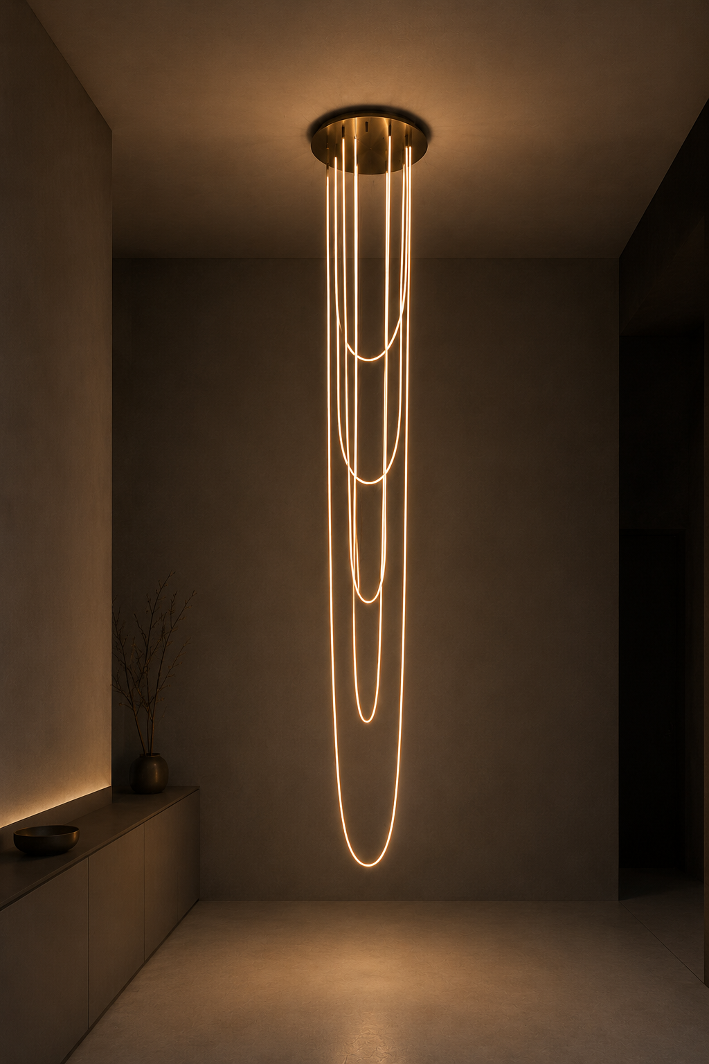 Grand Lustre ÉCLIPSE custom spiral pendant light with cascading golden LED loops and polished brass canopy for double-height halls