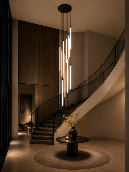 Black metal linear LED chandelier with cascading tubes over curved staircase, warm white light for modern lobby verticality