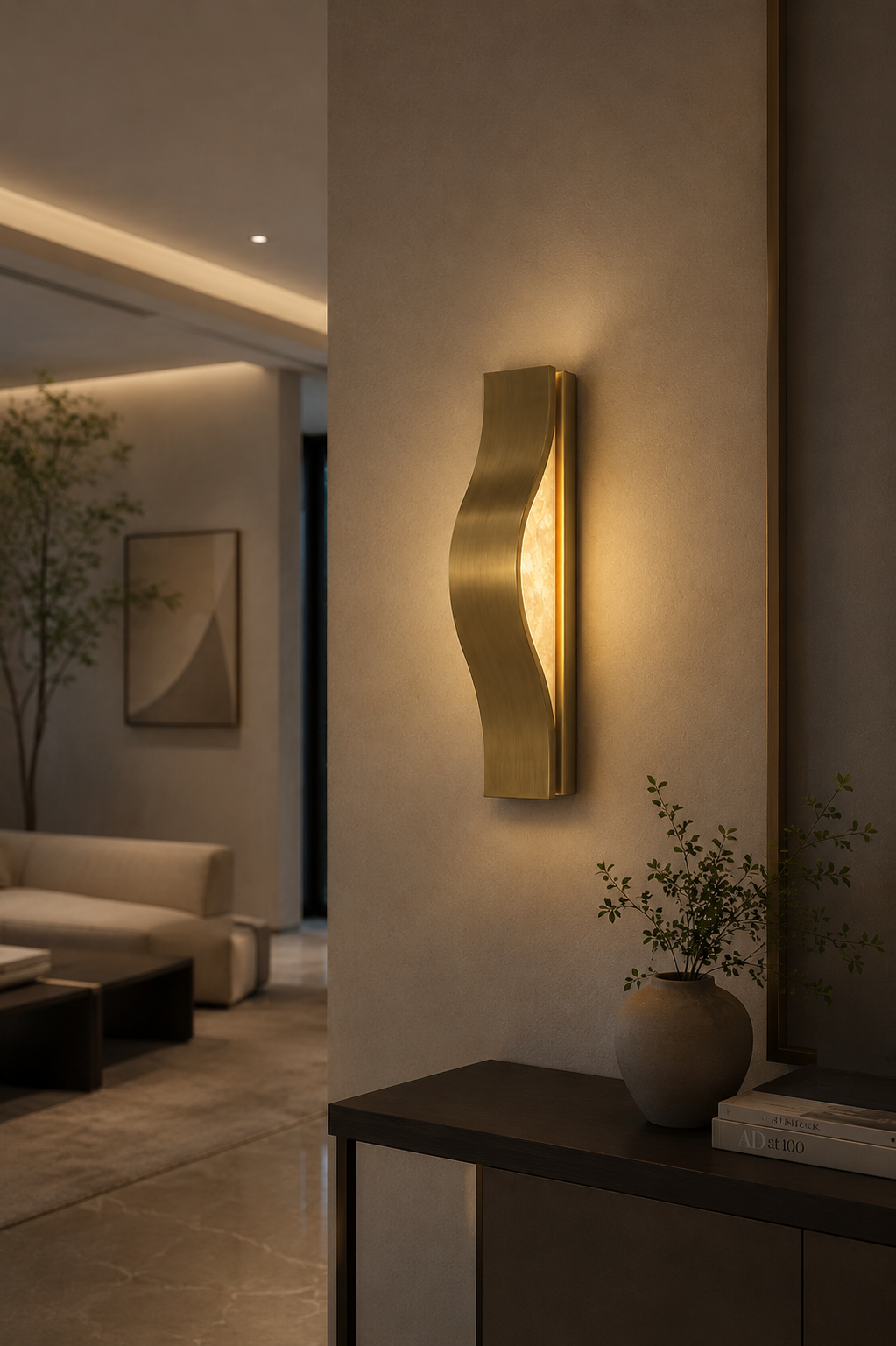 Helix wall sconce with brushed gold frame and natural alabaster panel on textured beige wall