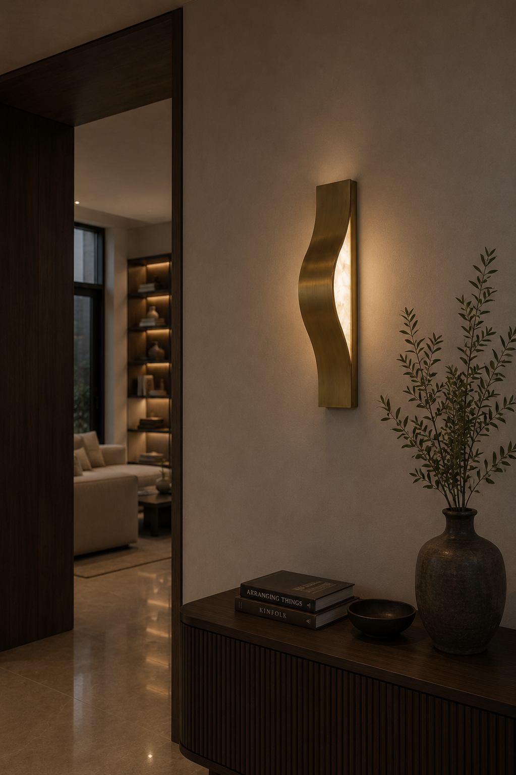 Sculptural Helix bronze and alabaster light fixture showing natural stone veining above console