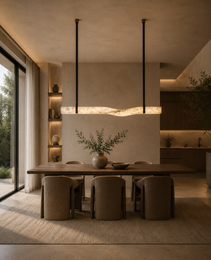 Organic contour albino marble dining pendant light with natural veining above wooden table