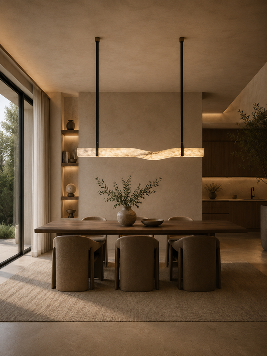 Organic contour albino marble dining pendant light with natural veining above wooden table