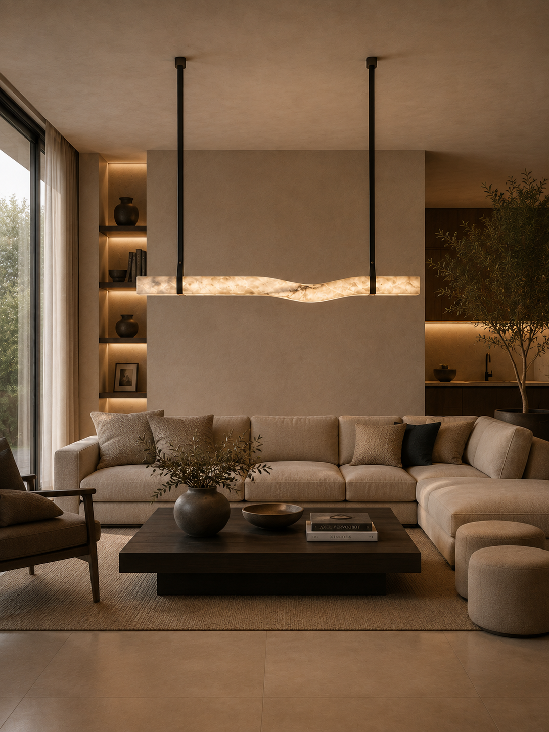 Linear wavy albino marble pendant light with black suspension rods over living room sofa