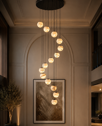 Chandelier sphère alabastre crème veiné doré 12 boules spirales décorative mur beige