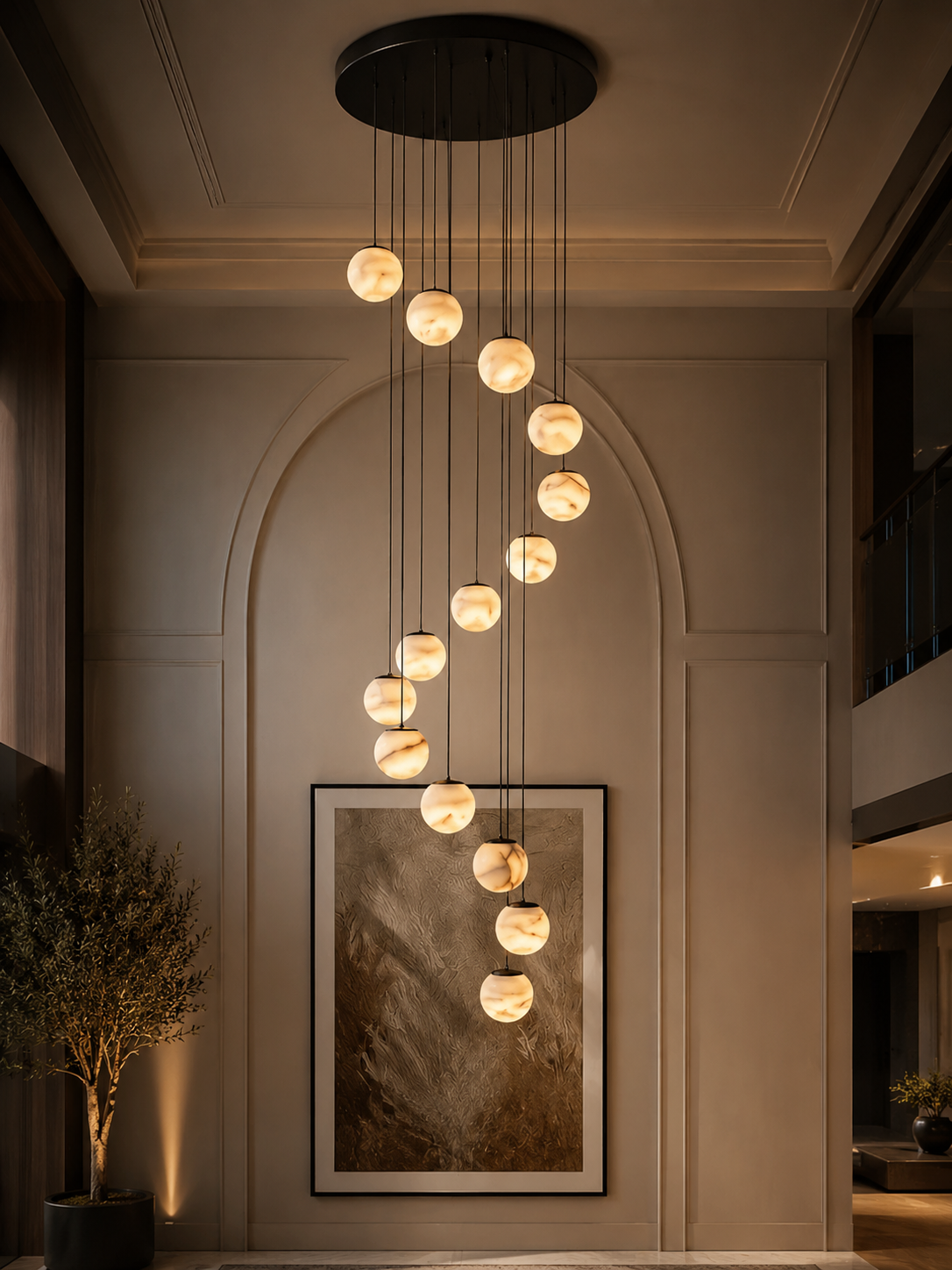 Chandelier sphère alabastre crème veiné doré 12 boules spirales décorative mur beige