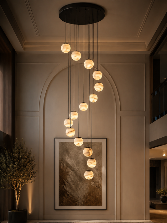Chandelier sphère alabastre crème veiné doré 12 boules spirales décorative mur beige
