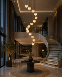 Lustre Marsa multi-étages en albâtre naturel veiné avec 14 sphères suspendues pour hall double hauteur