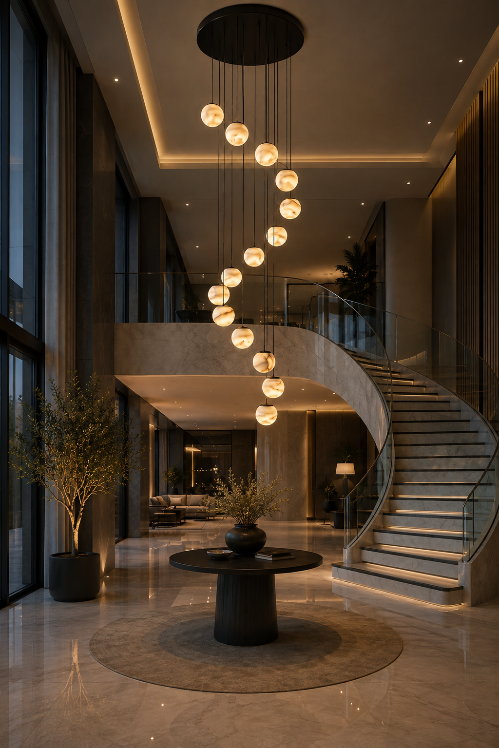 Lustre Marsa multi-étages en albâtre naturel veiné avec 14 sphères suspendues pour hall double hauteur