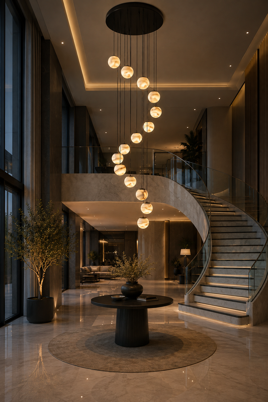 Lustre Marsa multi-étages en albâtre naturel veiné avec 14 sphères suspendues pour hall double hauteur