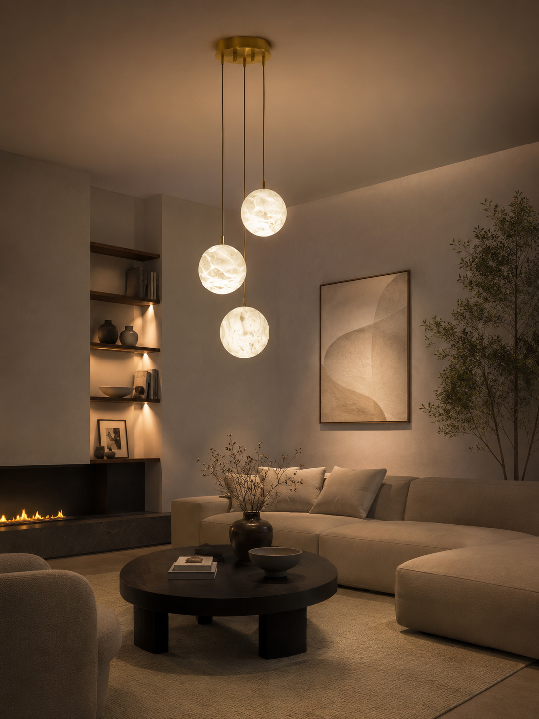Creamy white marble sphere chandelier with gray marbling and warm ambient glow