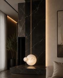 Two-tier alabaster sphere pendant lamp with bronze finish against black marble wall, architectural lighting detail