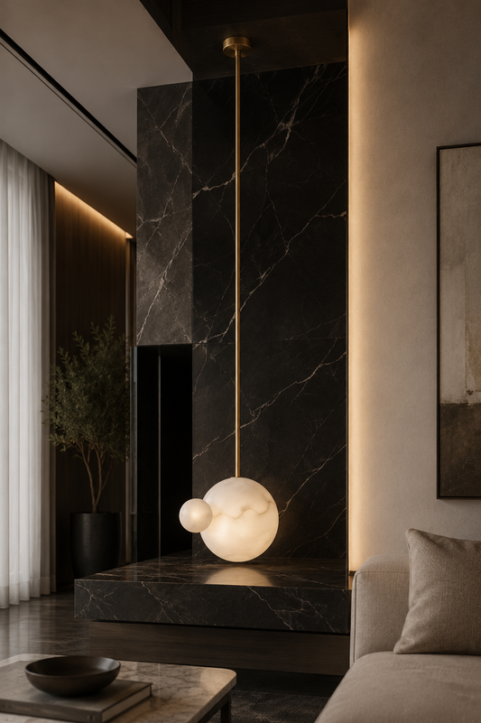 Two-tier alabaster sphere pendant lamp with bronze finish against black marble wall, architectural lighting detail